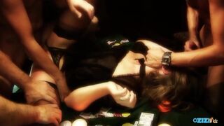 De ondeugende bruine bommenlegger krijgt dubbel neuken op een pokertafel vier keer