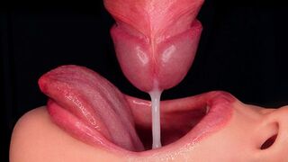 Close-up foto: beste blowjob spritzes twee keer! Geil, pluizige pijpbeurt! De natste haan zuigen in asmr 4k